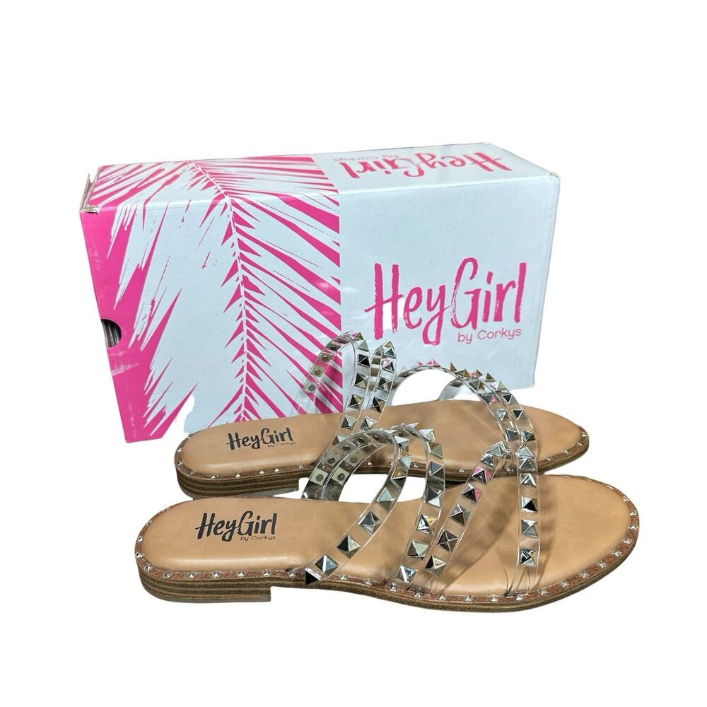 Corkys Hey Girl Beach Please Clear Silver Stud Flat Slip On Slide Sandals 8 NEW